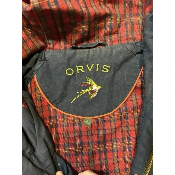 Orvis Men’s Large Navy Hooded Coat Plaid Lined - Picture 3 of 9